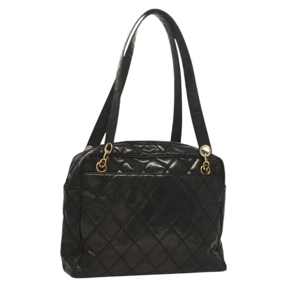 CHANEL Matelasse Shoulder Bag Enamel Black Gold CC Auth bs26857 - Picture 1 of 16